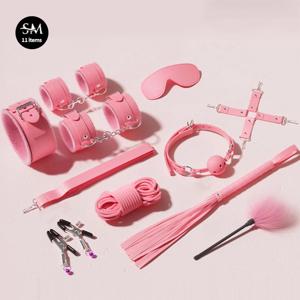 Sex Toys BDSM Bondage Kits Genuine Leather Restraint Set Handcuffs Collar Gag Vibrators Sex Toys For Women Couples Adult Games