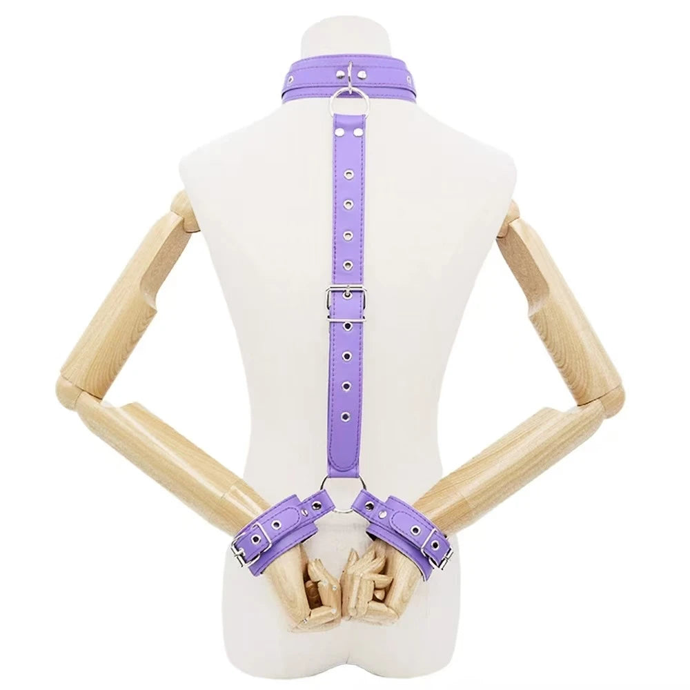 Adjustable Neck to Wrist Restraints Kit for Couples Sexy BDSM behind Back Handcuffs Collar Bondage Set for SM Sex Game Tool