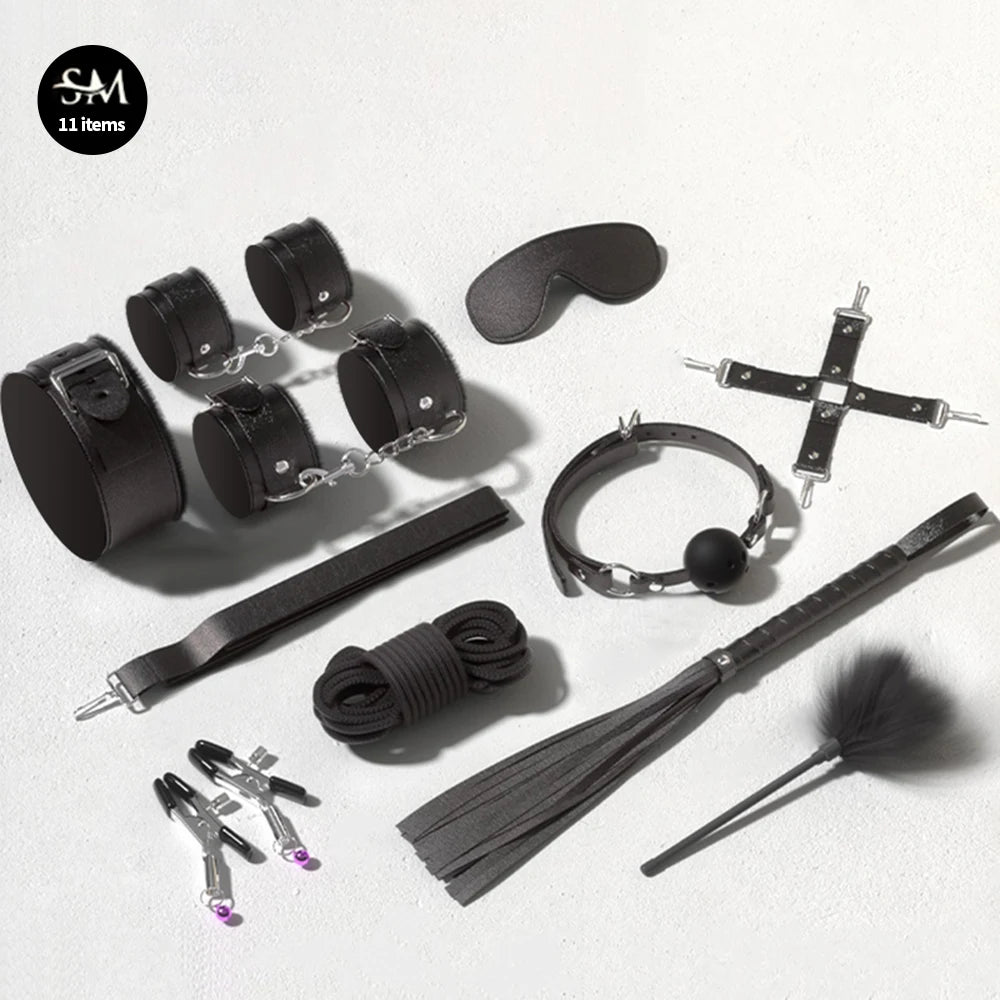 Sex Toys BDSM Bondage Kits Genuine Leather Restraint Set Handcuffs Collar Gag Vibrators Sex Toys For Women Couples Adult Games