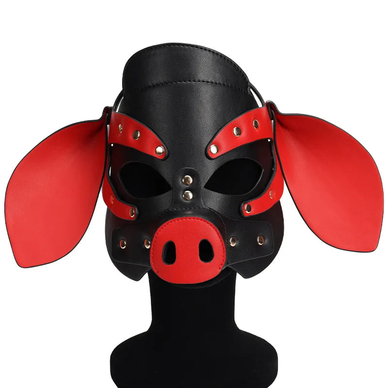 PU Leather Cute Pig Cosplay Full Face Mask Fetish Animal Masks Metal Rivet Head Cover For Sexy Adult Party Headgear Role Play