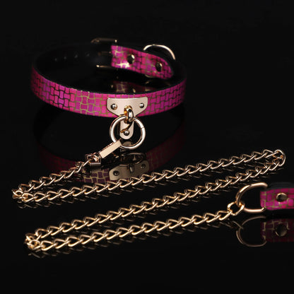 CKQU BDSM Leather Adjustable Neck Collar with Metal Chain & Bell for Adult Bondage Roleplay Luminous Safe Control Hot Sale
