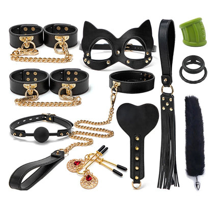 BLACKWOLF BDSM Kits Genuine Leather Bondage Set Fetish Handcuffs Collar Gag Whip Erotic Sex Toys For Women Couples Adult Games