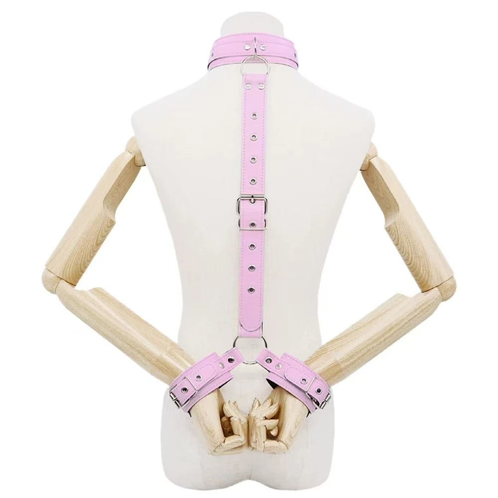 Adjustable Neck to Wrist Restraints Kit for Couples Sexy BDSM behind Back Handcuffs Collar Bondage Set for SM Sex Game Tool