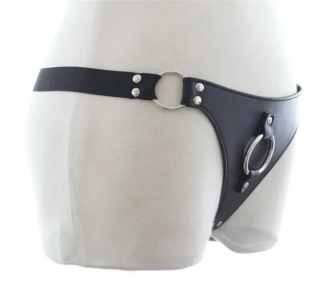 Black leather front with hoop chasitity pants.