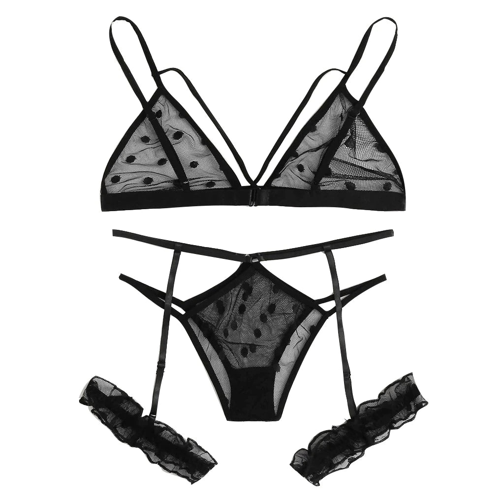 Ensemble de lingerie sexy noir, soutien-gorge, string, tongs