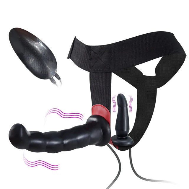 Strap-On Realistic Double Dildo Vibrator with Adjustable Harness - 10 Modes for Couples