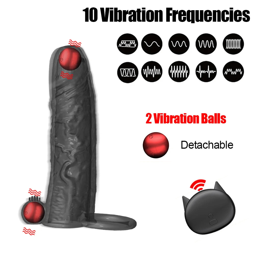 10-Mode Vibrating Penis Sleeve - Delay Ejaculation & Enlargement with Dual Penetration Vibrator